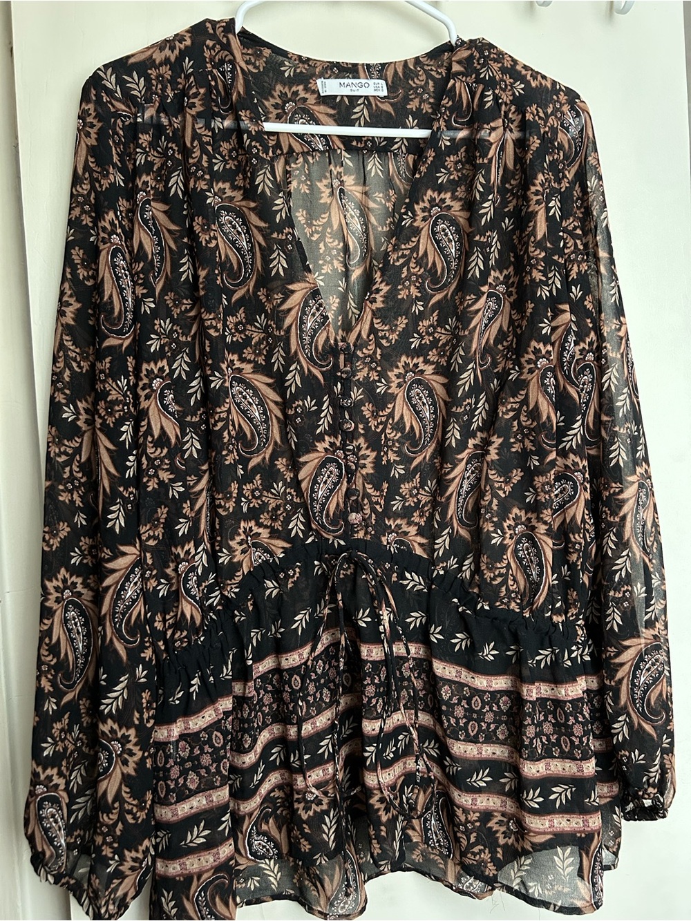 Mango Black & Brown Paisley V-Neck Blouse